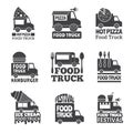 Food truck car. Street catering fast delivery mobile van monochrome badges or vector logo Royalty Free Stock Photo