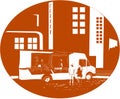 Food Truck City Buildings Oval Woodcut