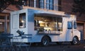 Food truck with detailed interior on street. Takeaway food. 3d rendering