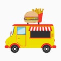 Food truck. Fast food van with signboard in form of burger and french fries. Vector illustration. Royalty Free Stock Photo