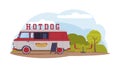 Food Truck in Green Park Area Cooking and Selling Hot Dog and Street Food Vector Illustration