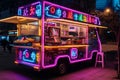 A food truck illuminated with vibrant neon lights parked on a bustling street at night, Modern food truck with bright neon signs,