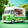 food truck isolated on green background - takeaway food and drinks van mock-up in 3D style, AI-generated delight