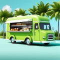 food truck isolated on green background - takeaway food and drinks van mock-up in 3D style, AI-generated delight