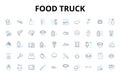 Food truck linear icons set. Tacos, Burgers, Nachos, Sandwiches, Hot dogs, Pizza, Quesadillas vector symbols and line Royalty Free Stock Photo