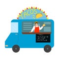 Food truck with mexican tacos, menu with written positions and positive seller