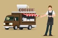 Food truck, mobile coffee, ready to serve hot or ice drinks in the outdoor atmosphere as a small business