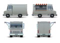 Food truck mockup. Realistic delivery car or mobile kitchen with open window for brand identity. Vector blank isolated