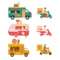 Food truck and moped delivery Pizza burger and ice cream Flat illustration