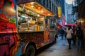 A food truck parked on the side of a street, offering a convenient and delicious dining option for hungry customers, A food truck