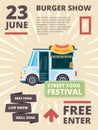 Food truck poster. Delivering products festival invite cars with cousine burgher party banner vector placard template