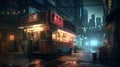 Food truck on asian night city street in cyberpunk style. Generative AI