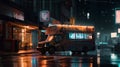 Food truck on asian night city street in cyberpunk style. Generative AI