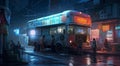 Food truck on asian night city street in cyberpunk style. Generative AI