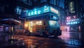 Food truck on asian night city street in cyberpunk style. Generative AI
