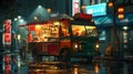 Food Truck on a Rainy City Street at Night Royalty Free Stock Photo