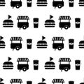 Food truck seamless pattern. Pattern with food trailer, burger and cup coffee. Fast food sign. Street food template