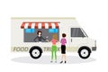 Food truck,Seller in front and buyers back view,modern van trans Royalty Free Stock Photo