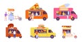 Food truck sellers. Foodtruck vendors takeaway meal street festival, merchant bike cart beach market icecream bus burger Royalty Free Stock Photo