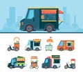 Food truck set. Delivery cars festival transport hawkers products cuisine on street fast food truck vector flat pictures Royalty Free Stock Photo