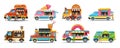 Food truck. Street van. Fairground cars for selling donuts and fruit smoothies. Coffee restaurant. Fastfood cafe. Pizza
