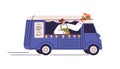 Food truck with street food. Vendor selling meals, drinks in foodtruck, van. Cafe on wheels in retro car. Fastfood in