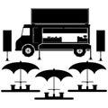 Food truck with umbrella, desk, chairs and menu board in black.