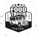 Food truck vector monochrome emblem, badge, label