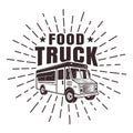 Food truck vector stamp or label with rays