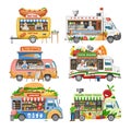 Food truck vector street food-truck vehicle and fastfood delivery transport with hotdog or pizza illustration set of man Royalty Free Stock Photo