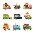 Food Trucks Collection, Street Meal Vehicles, Fast Food Delivery, Mobile Shops, Hamburgers, Coffee, Hot Dog, Pizza Royalty Free Stock Photo