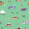 Food trucks at outdoor festival, seamless pattern. Summer fest with trailers, wheeled cafes, caravans, endless