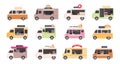 Food trucks. Van cars selling street fast foods, pizza, burger, coffee, donut and ice cream. Restaurant on wheels Royalty Free Stock Photo