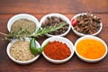 Food, turmeric and spices on table top for cooking gourmet meal, pepper seasoning or paprika flavor. Vegetables leaf Royalty Free Stock Photo