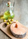 Food with unsaturated fats - salmon and olive oil