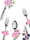 Food utensils with rose flowers ornaments. Spoon and fork. Watercolor vectors