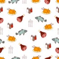 Food vector background, meat and fish. Drawn cartoon multicolored foodstuffs, gustable illustration. For the design of the