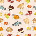 Food vector background, seamless pattern. Drawn cartoon multicolored foodstuffs on a beige . For the design of the fabric