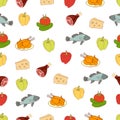 Food vector background, seamless pattern. Drawn cartoon multicolored foodstuffs on a white . For the design of the fabric