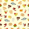 Food vector background, seamless pattern. Drawn cartoon multicolored foodstuffs on a yellow . For the design of the fabric