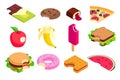 Food vector bitten dessert tasty cake, doughnut and fast food burger isometric illustration set of sweet ice cream and