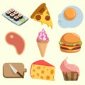 Food clip art set with hamburger, sushi, ice cream, pizza Royalty Free Stock Photo