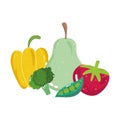 Food vegetables and fruit pear pepper tomato broccoli and peas menu fresh diet ingredient