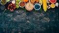 Food. Vegetables, fruits, nuts and berries. Vitamins. On an old wooden table. Royalty Free Stock Photo