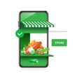 food, vegetables, spices many are placed front green smartphone store to wait for customers to press buy order button below, food