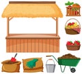 Food vendor and many farming items on white background