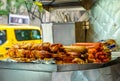 A food vendor truck serves up grilled shish kebab and hot dogs in New York