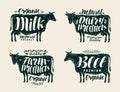 Food, vintage label set. Cow, bull, beef, milk, farm animals, dairy products icons or logos. Lettering, calligraphy Royalty Free Stock Photo