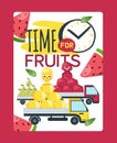 Food warehouse, time for fruits outside vector illustration. Grocery market delievery by cargo with organic product