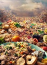 Food waste concept. View to a wasteland with huge heaps of garbage